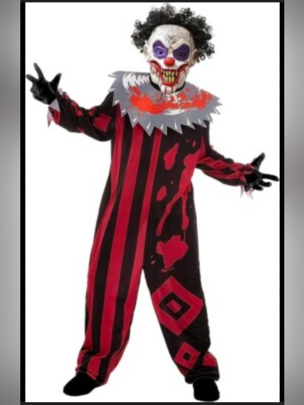 Killer Clown Costume Kids Large Mask Jumpsuit Horror Halloween Outfit Scary